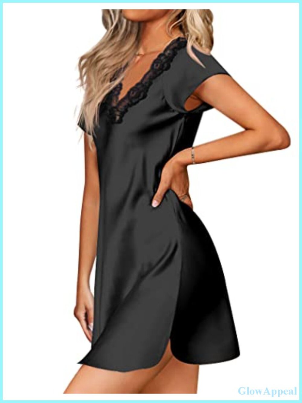 Satin Nightgown Women Lace V-Neck Short Sleeve Sleepshirt